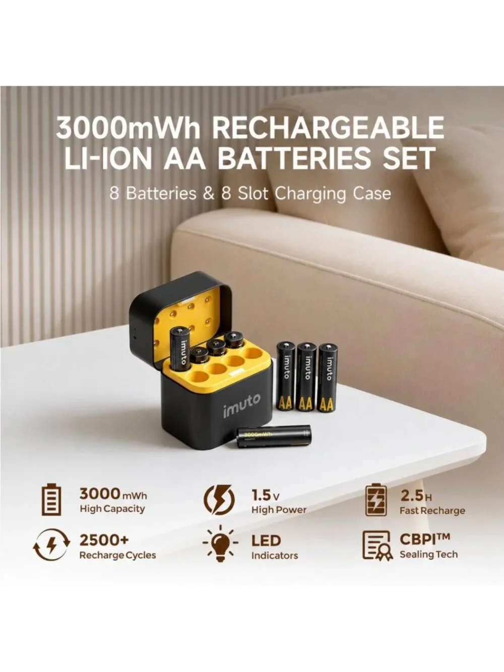 Rechargeable AA Batteries & Charger Set, 3000mWh, 8-Pack, Fast Charging, Long